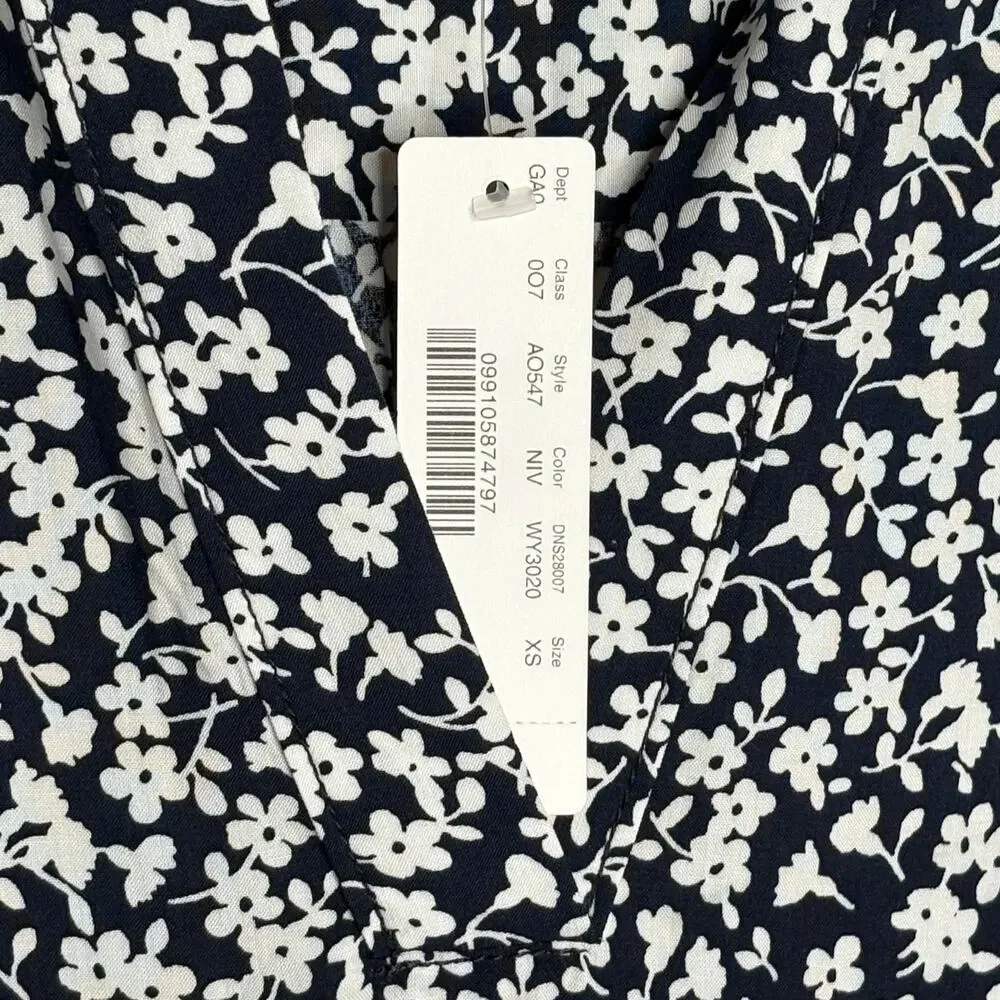 J. Crew Navy White Ditzy Floral Popover Cuff Short Sleeve Blouse Top Size XS New
